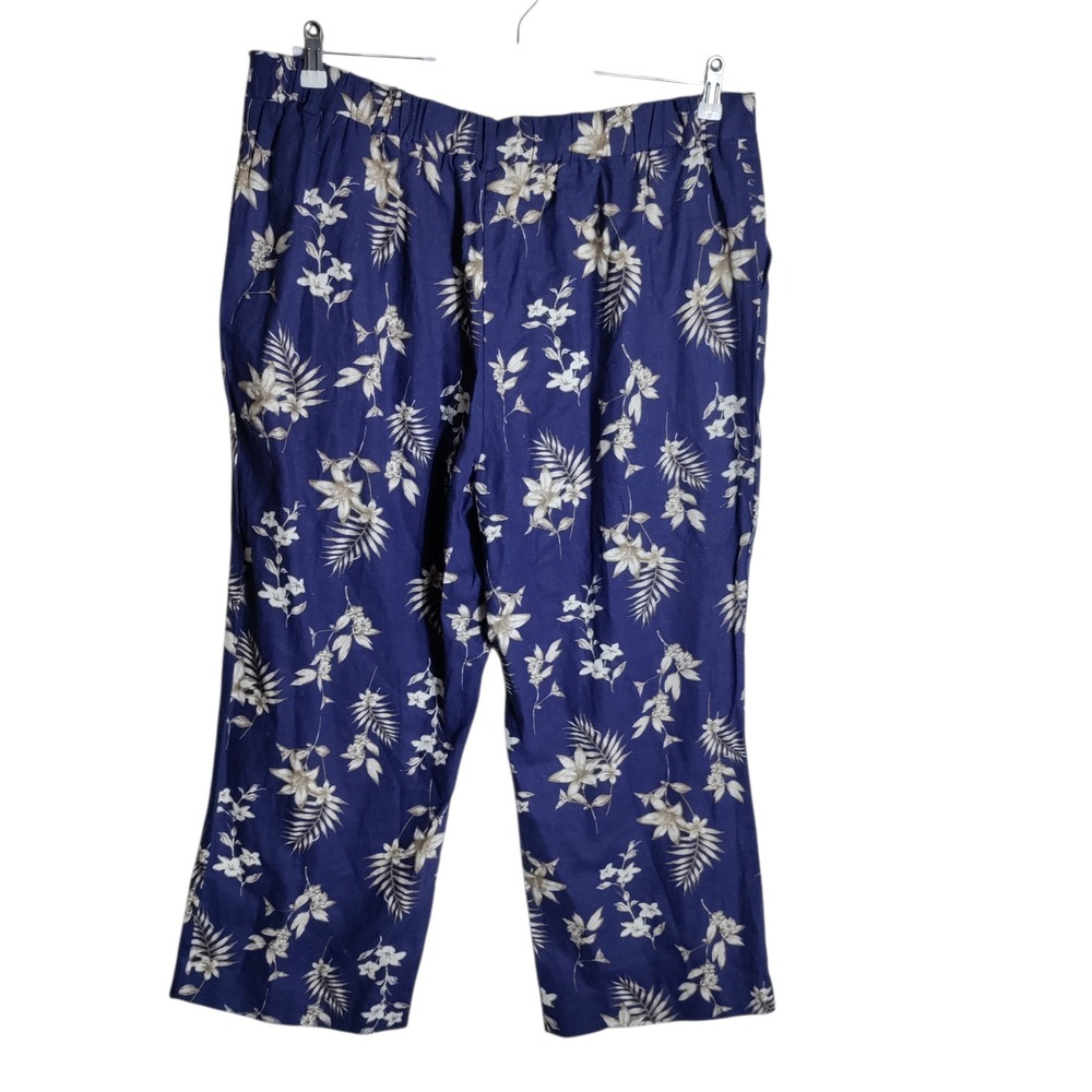Bonmarche Navy Blue Floral Linen Blend Cropped Pants Size 18 Tropical Palm Leaf